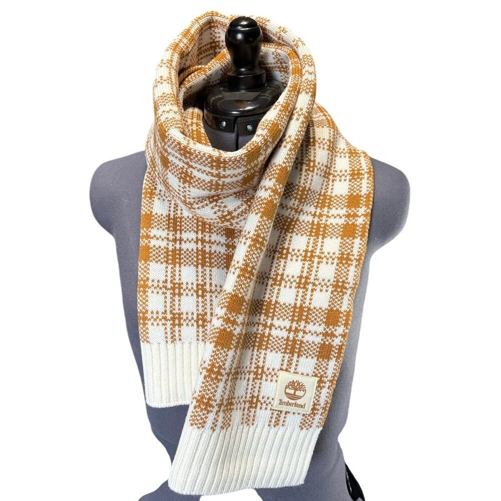 Timberland Scarf Knit Plaid Brown / Tan / White Checkered 64 x 10 inches